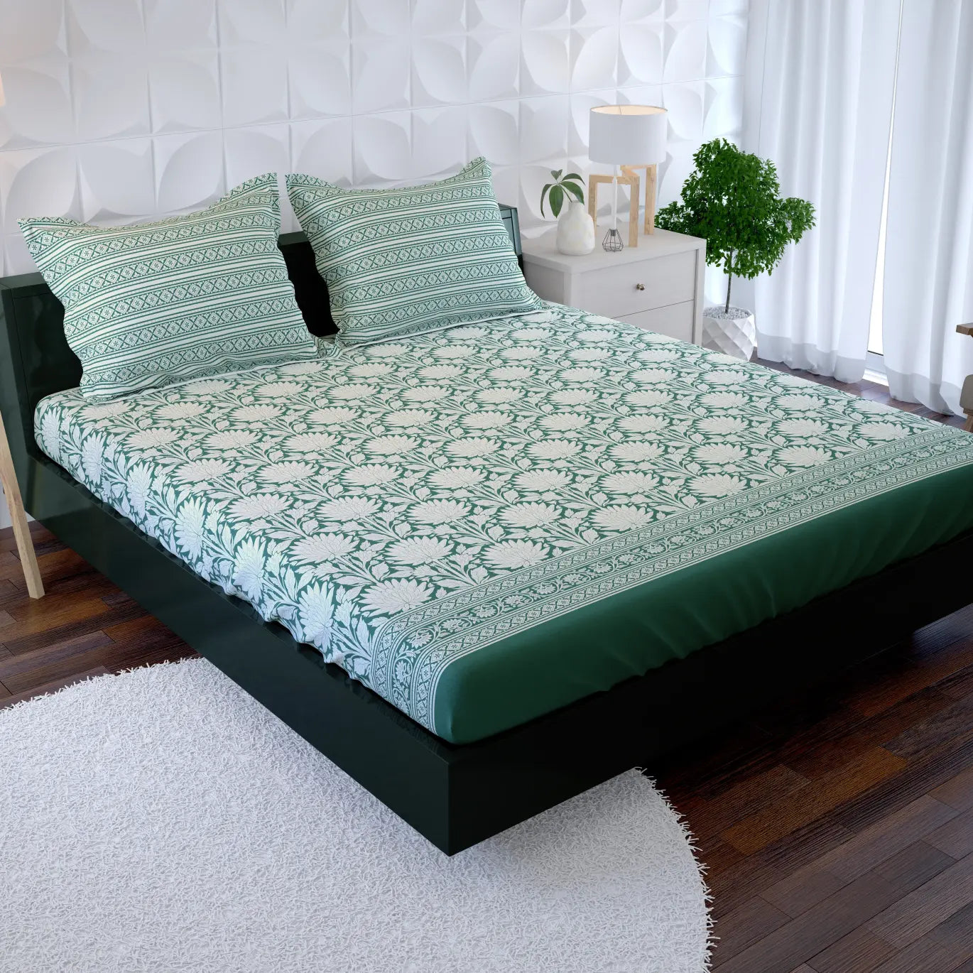 Xara Green Floral Fitted Bed Sheet Set - 8569-70