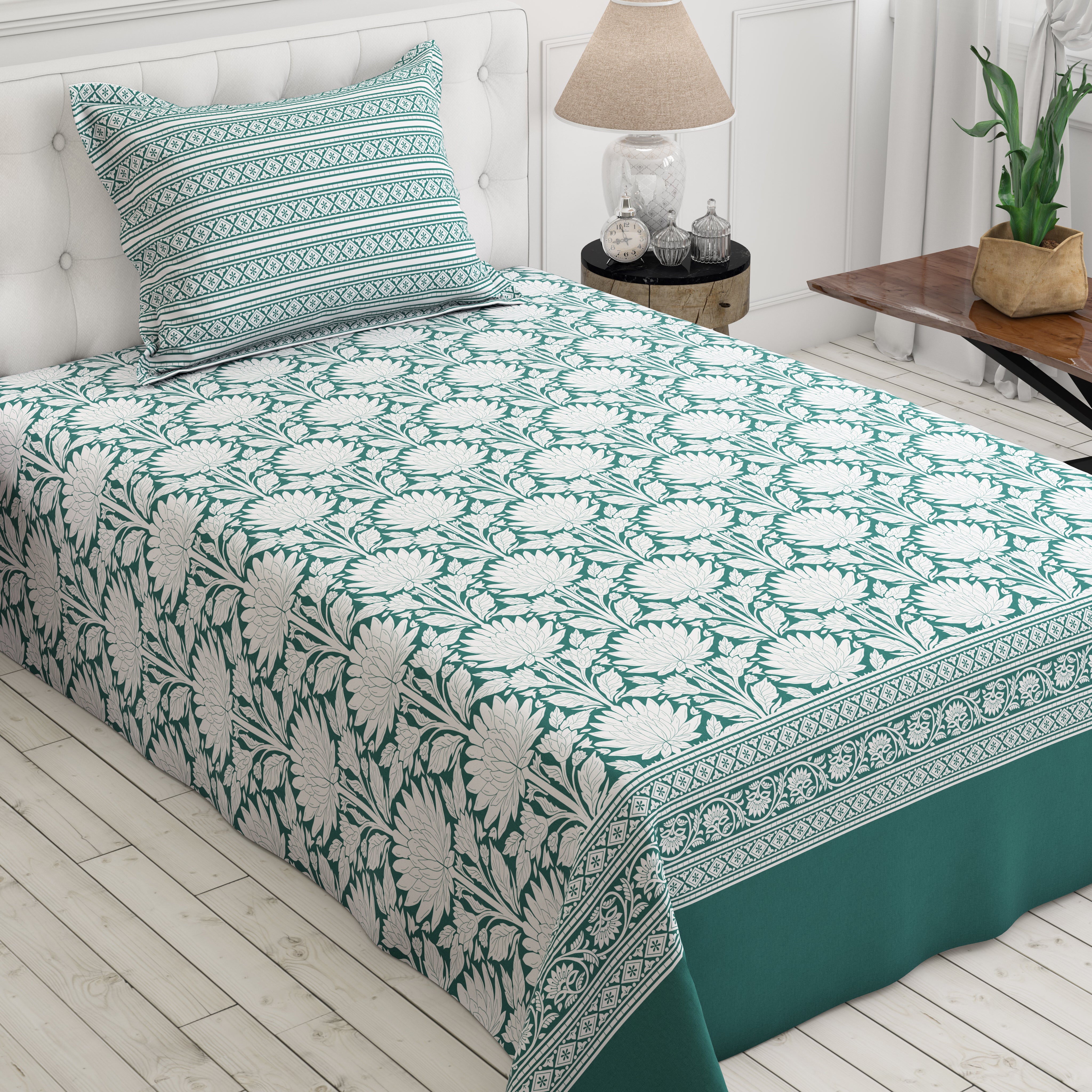 Xara Green Floral Chevron Bed Sheet Set - 8569-70