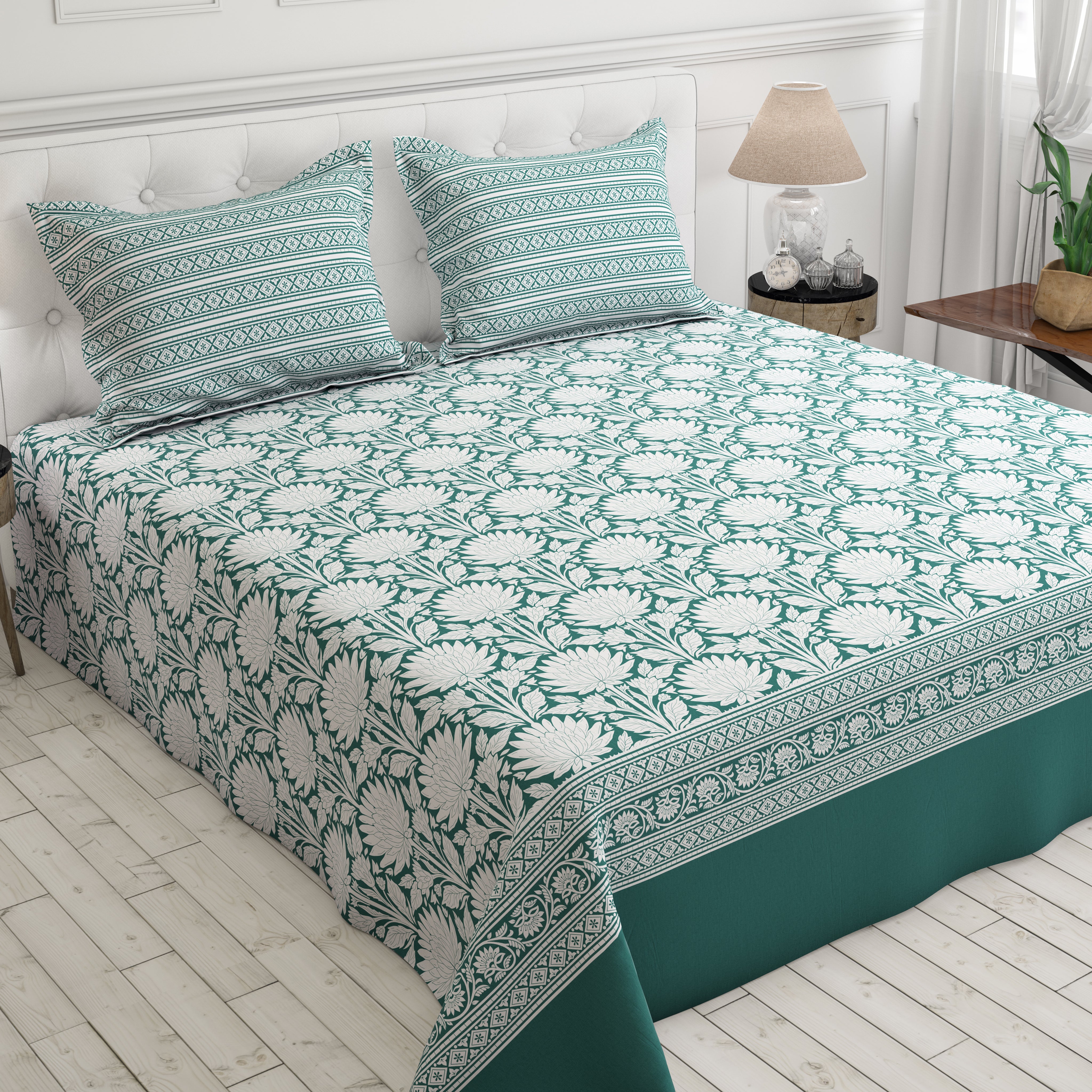 Xara Green Floral Chevron Bed Sheet Set - 8569-70