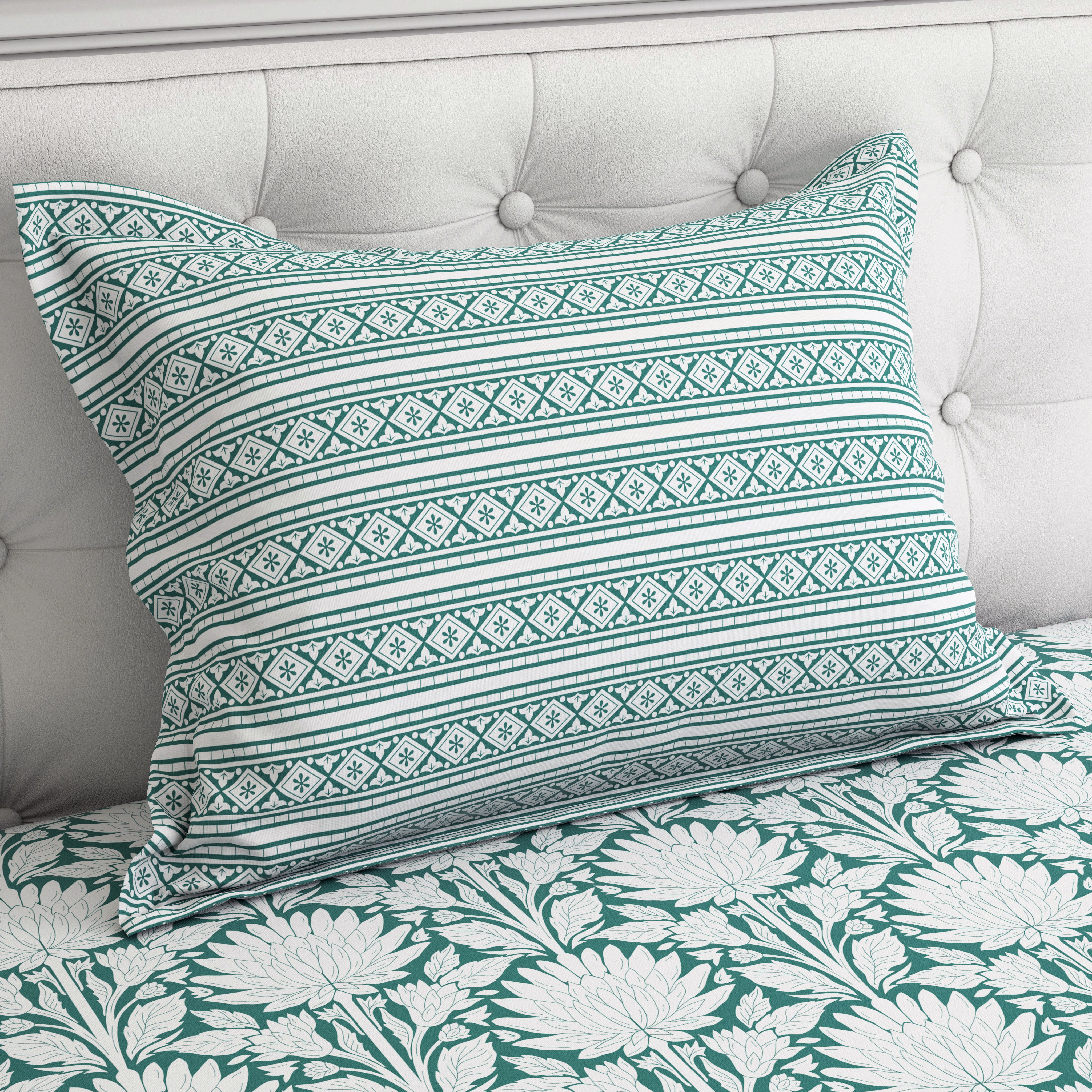 Xara Green Floral Chevron Bed Sheet Set - 8569-70