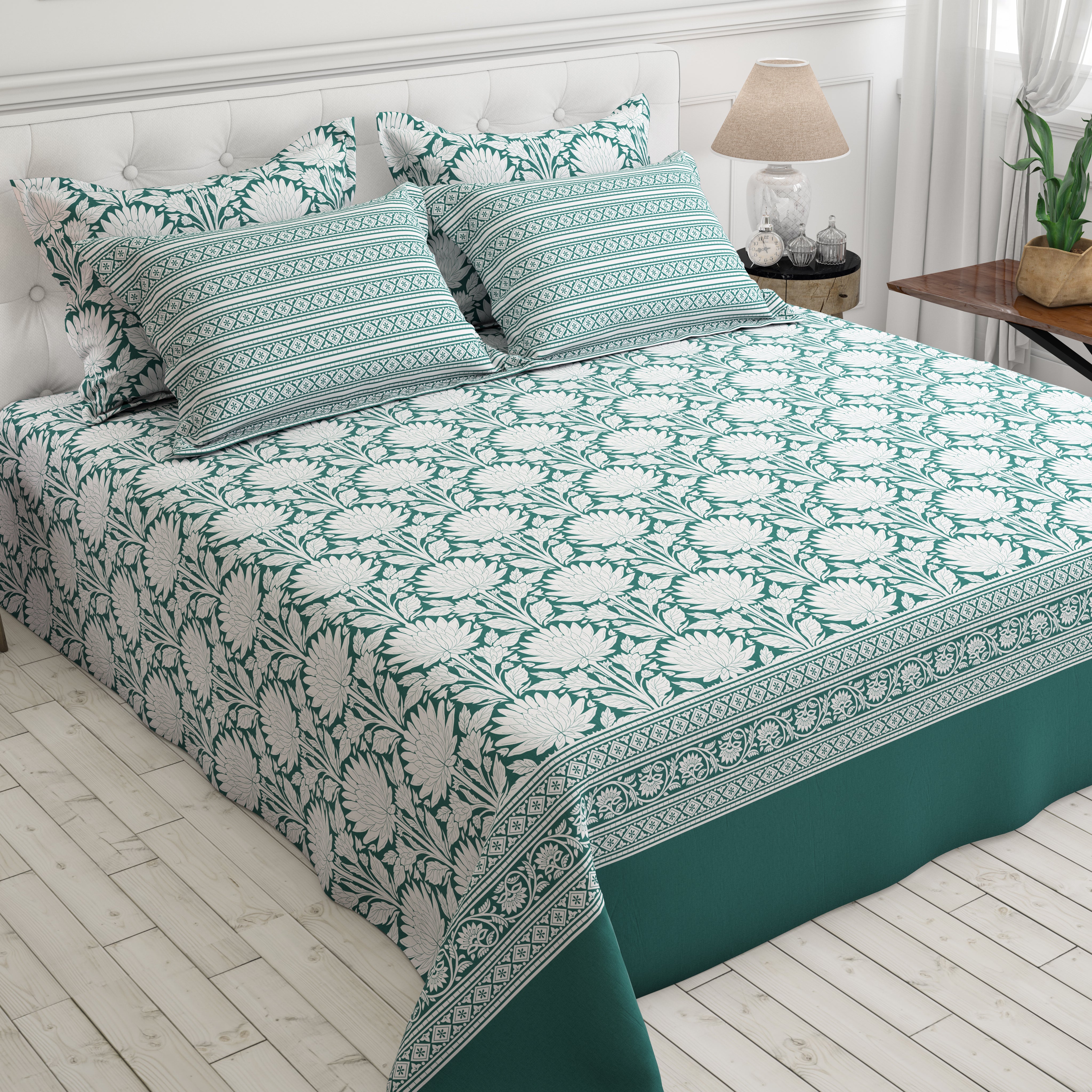 Xara Green Floral Chevron Bed Sheet Set - 8569-70