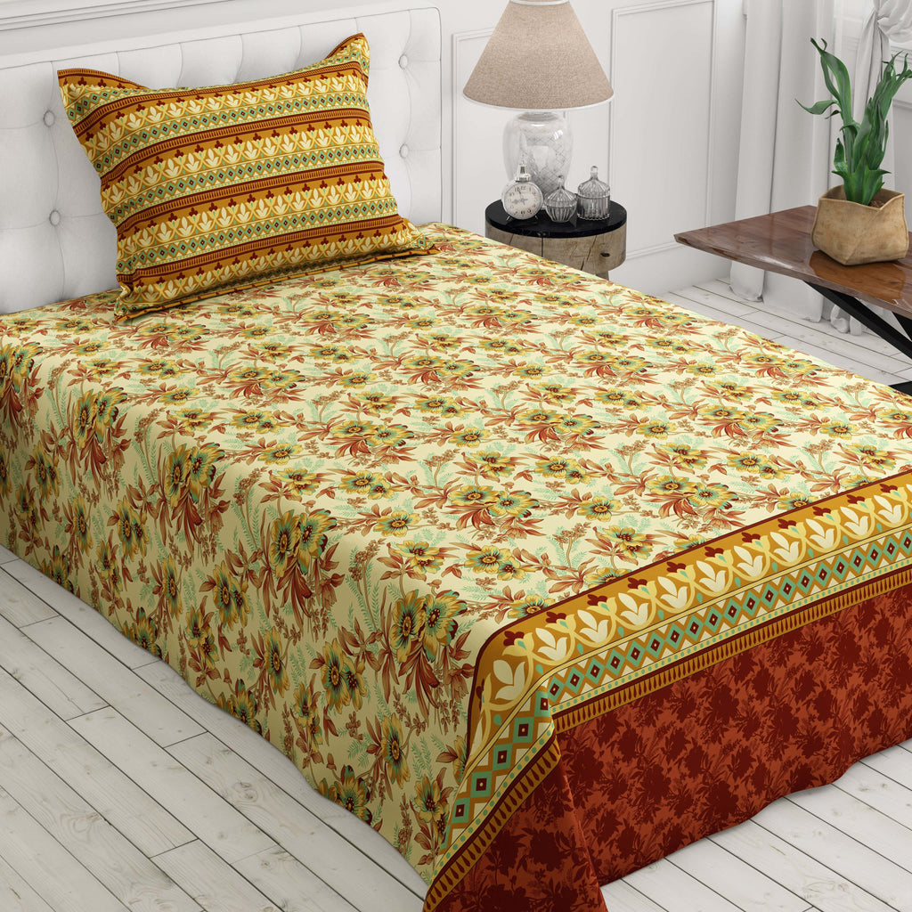 Xara Floral Striped Border Bed Sheet Set Cream