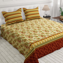 Xara Floral Striped Border Bed Sheet Set Cream