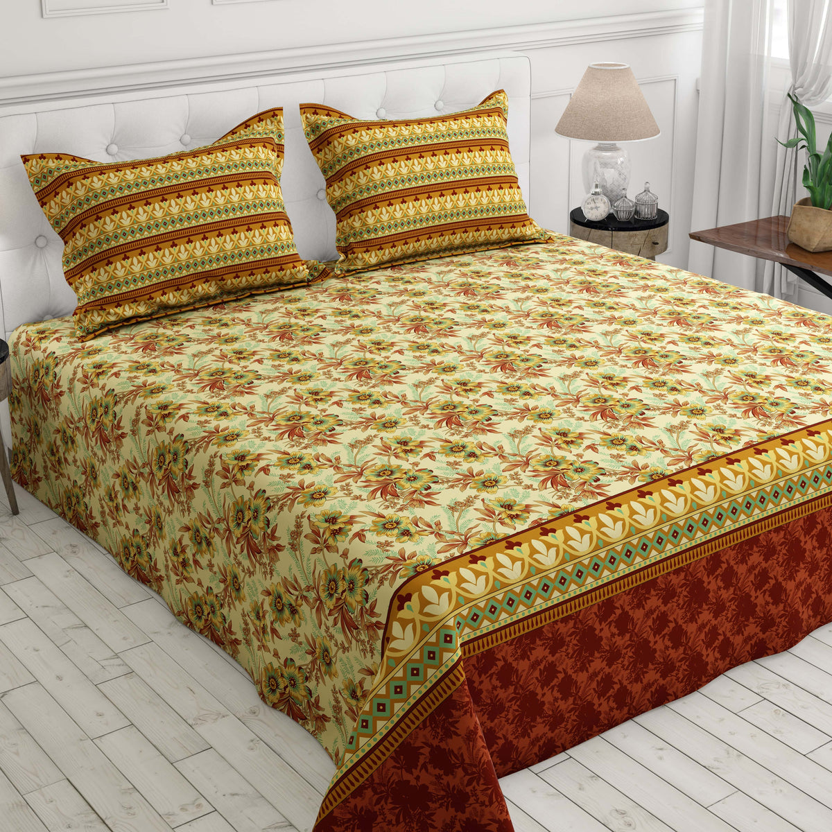Xara Floral Striped Border Bed Sheet Set Cream