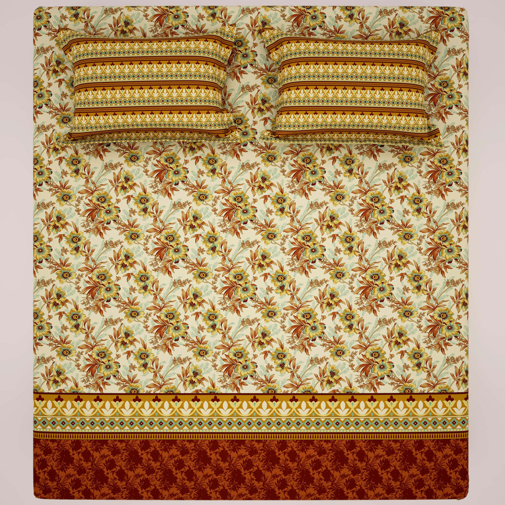 Xara Floral Striped Border Bed Sheet Set Cream