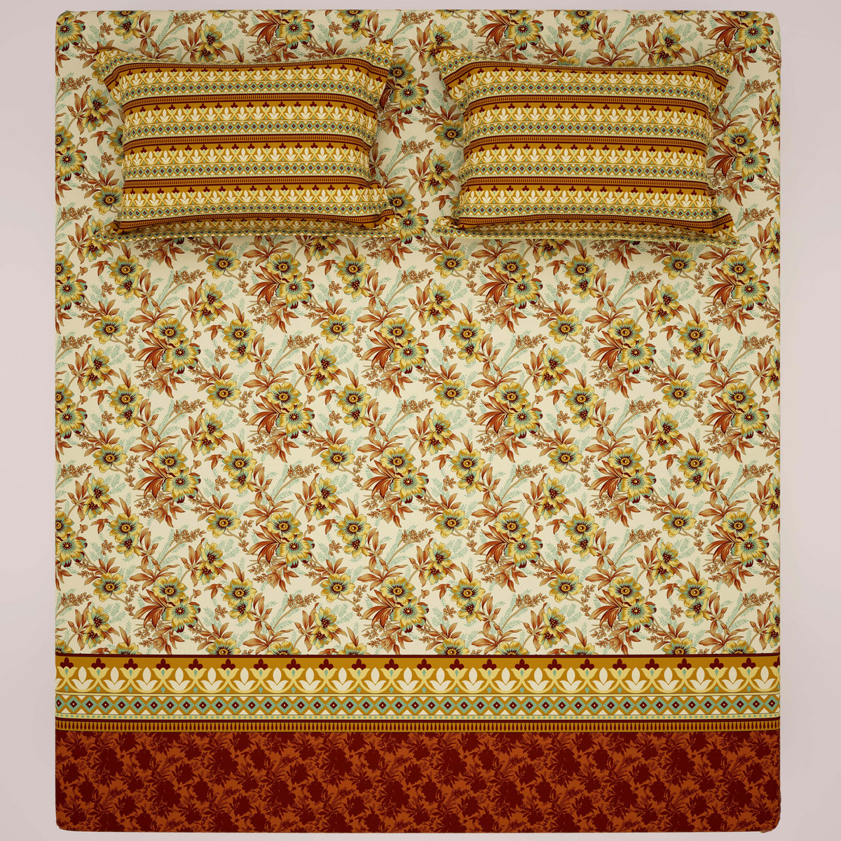 Xara Floral Striped Border Bed Sheet Set Cream