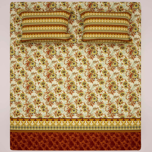 Xara Floral Striped Border Bed Sheet Set Cream