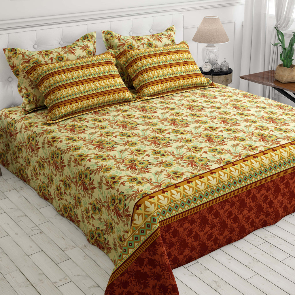 Xara Floral Striped Border Bed Sheet Set Cream