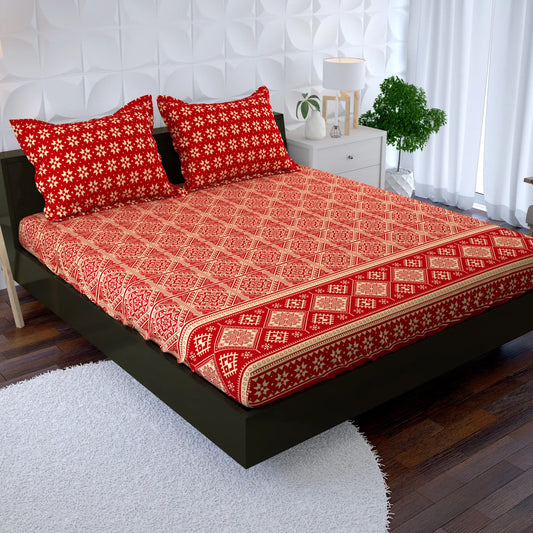 Xara Red Geometric Fitted Bed Sheet Set - 8585-8586