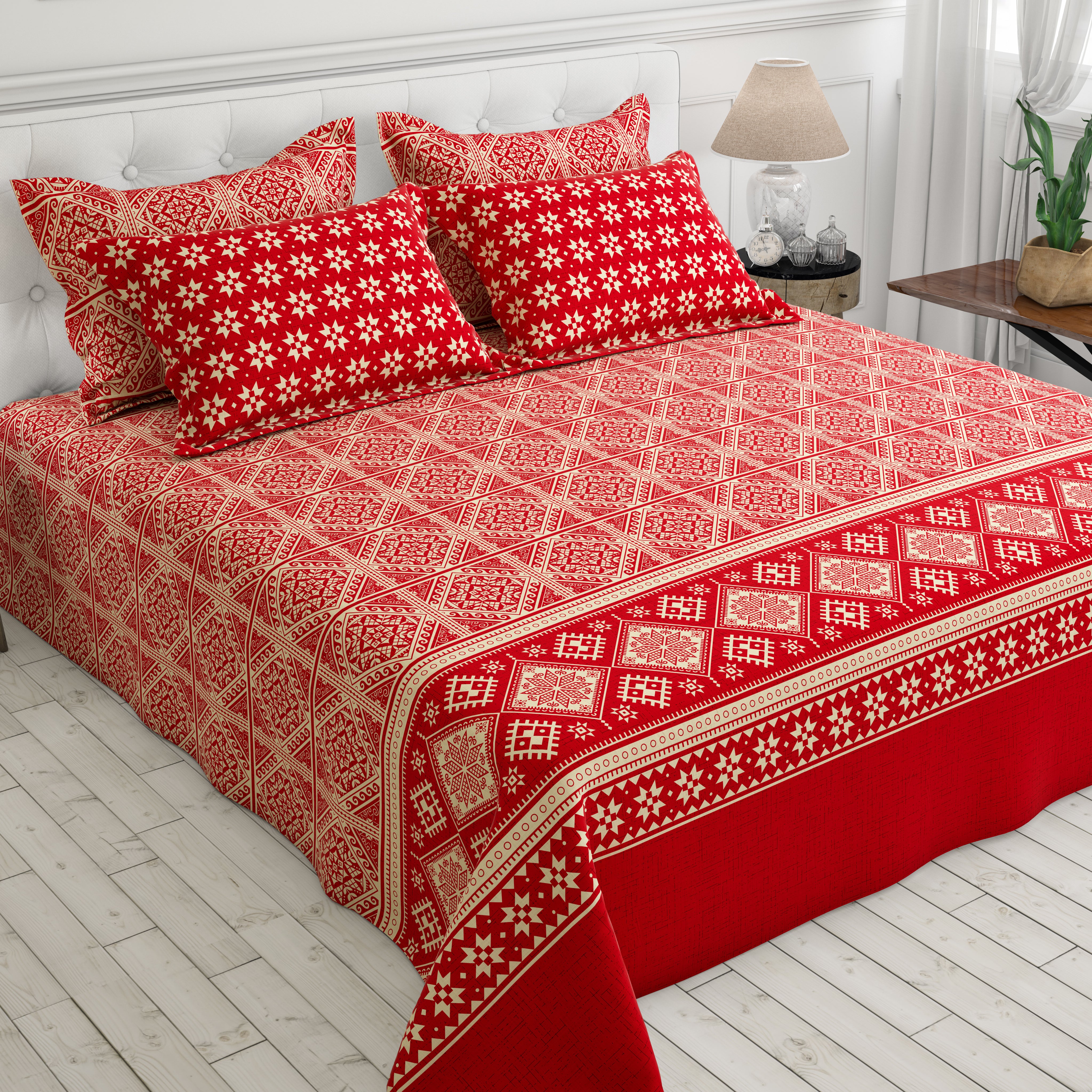 Xara Red Geometric Bed Sheet Set - 8585-8586