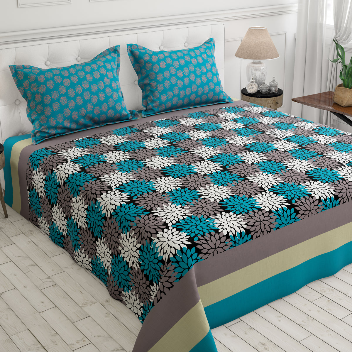 Xara Turquoise Floral Stripes Bed Sheet Set - Xara 8611-8612