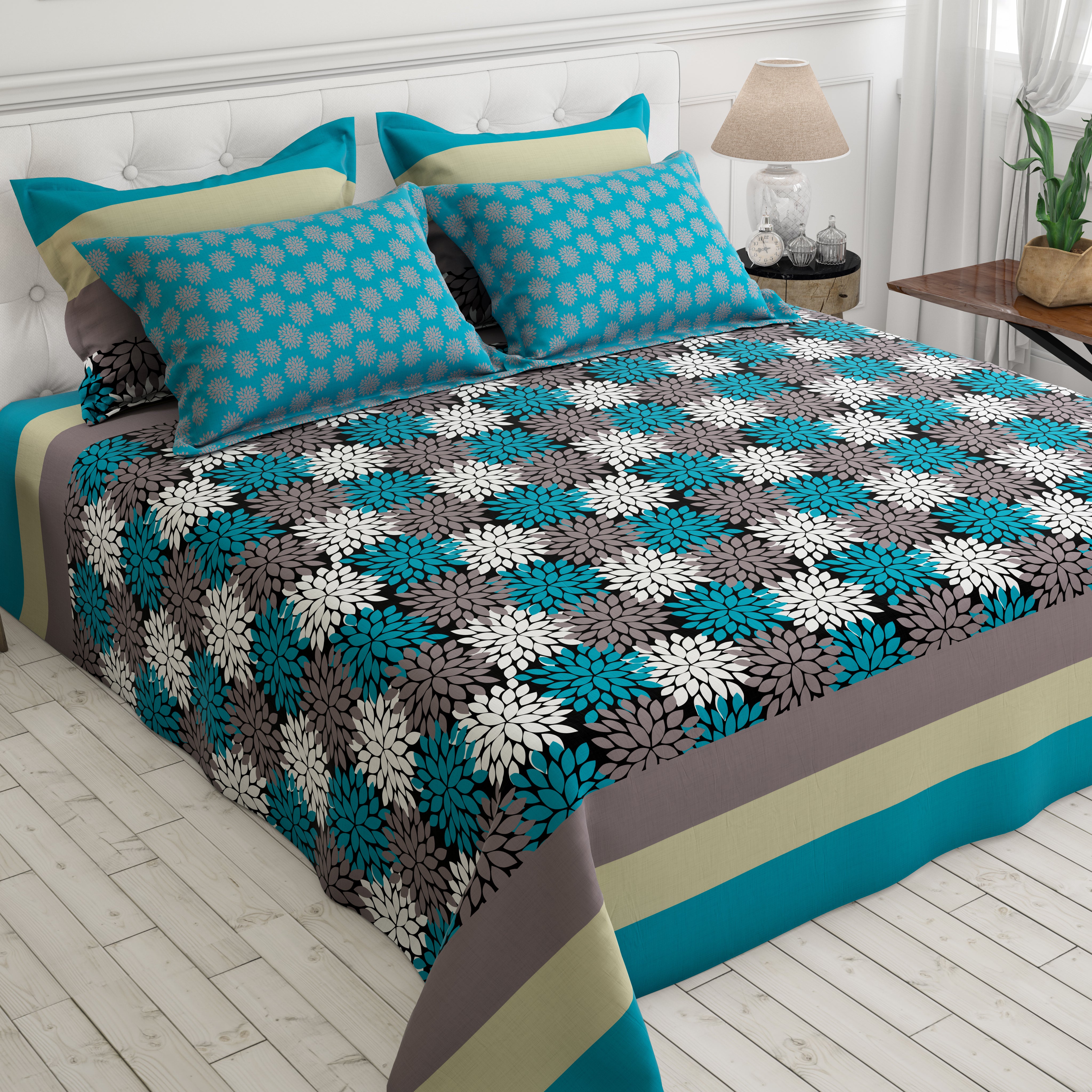 Xara Turquoise Floral Stripes Bed Sheet Set - Xara 8611-8612