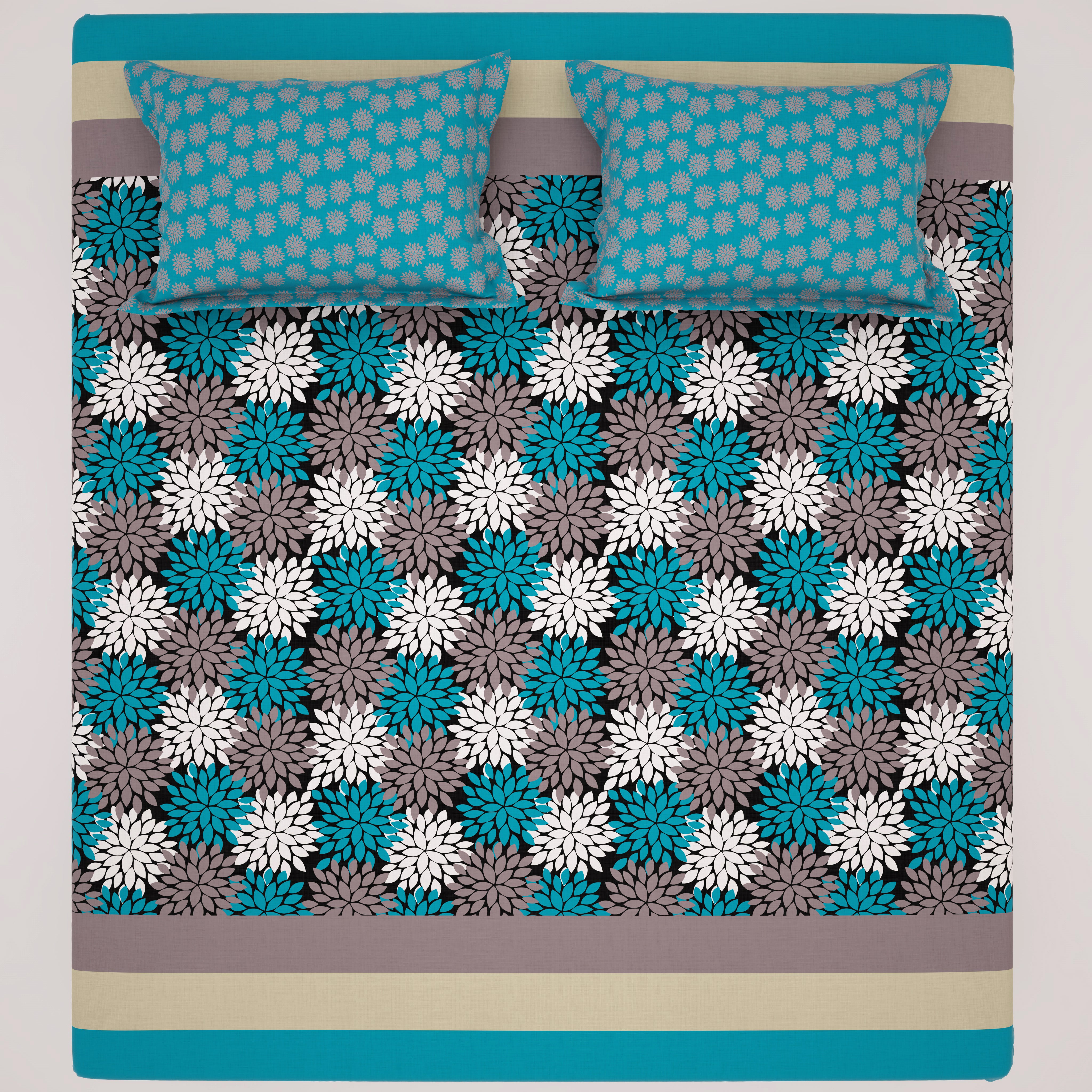 Xara Turquoise Floral Stripes Bed Sheet Set - Xara 8611-8612