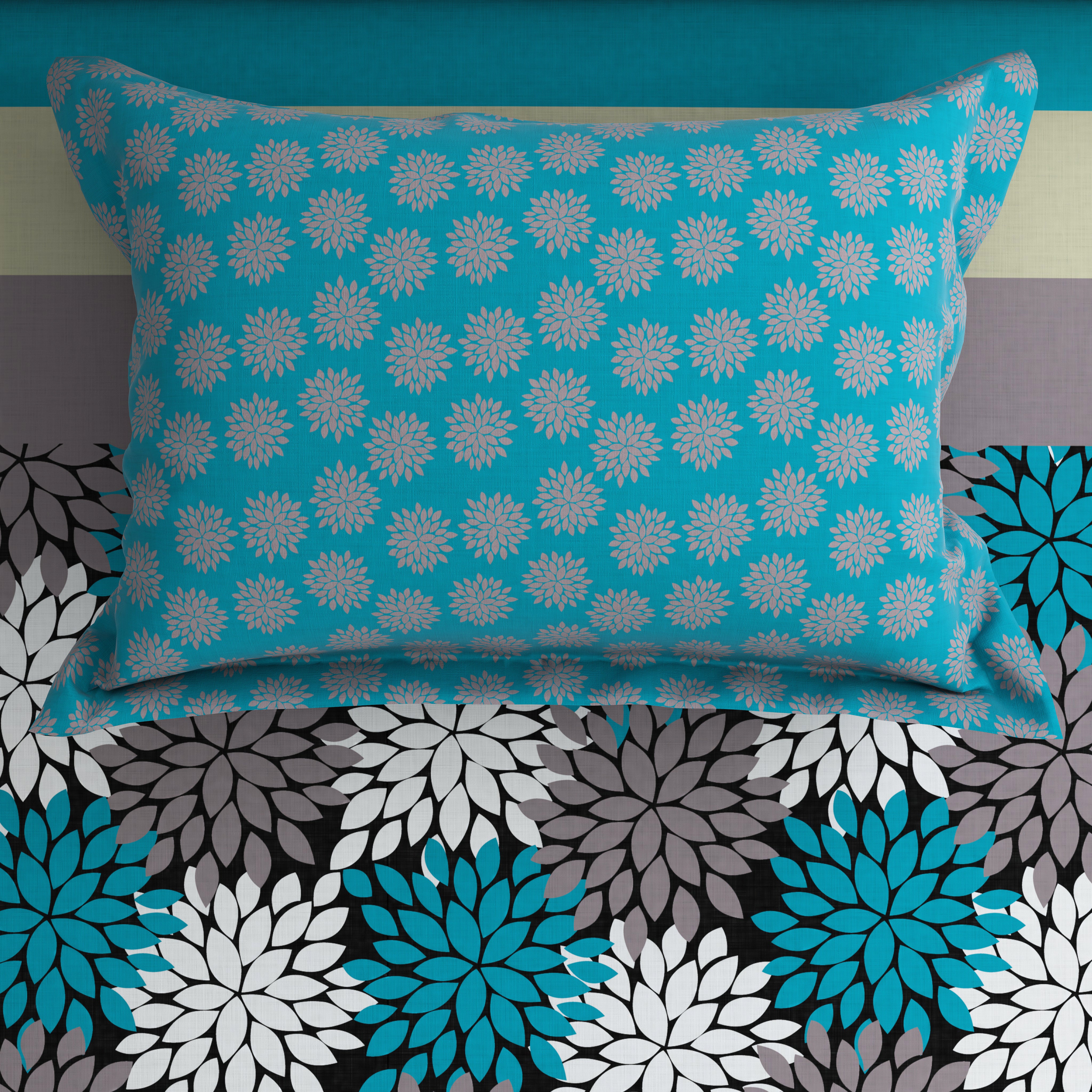 Xara Turquoise Floral Stripes Bed Sheet Set - Xara 8611-8612