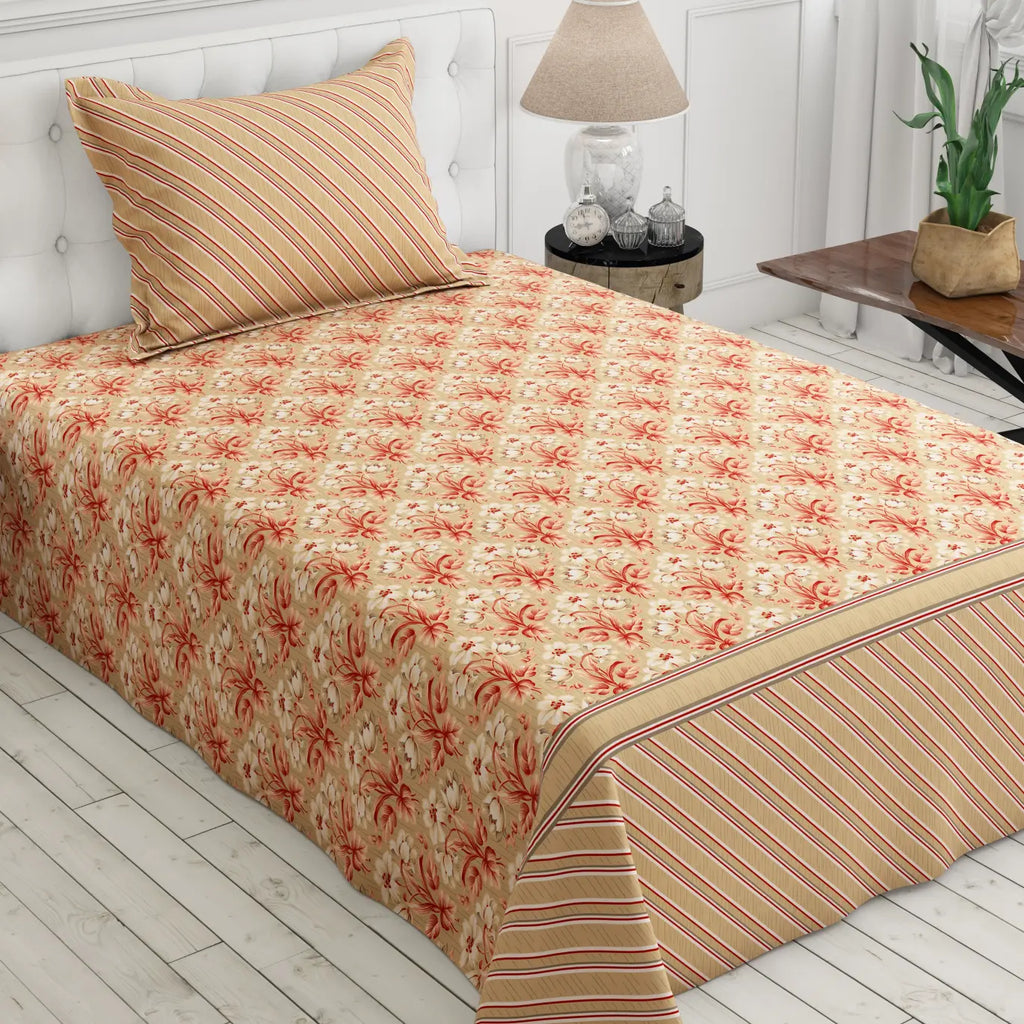Xara Beige Cream Floral Stripes Bed Sheet Set