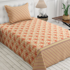 Xara Beige Cream Floral Stripes Bed Sheet Set - 8649-8650