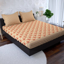 Xara Beige Floral Stripes Fitted Bed Sheet Set