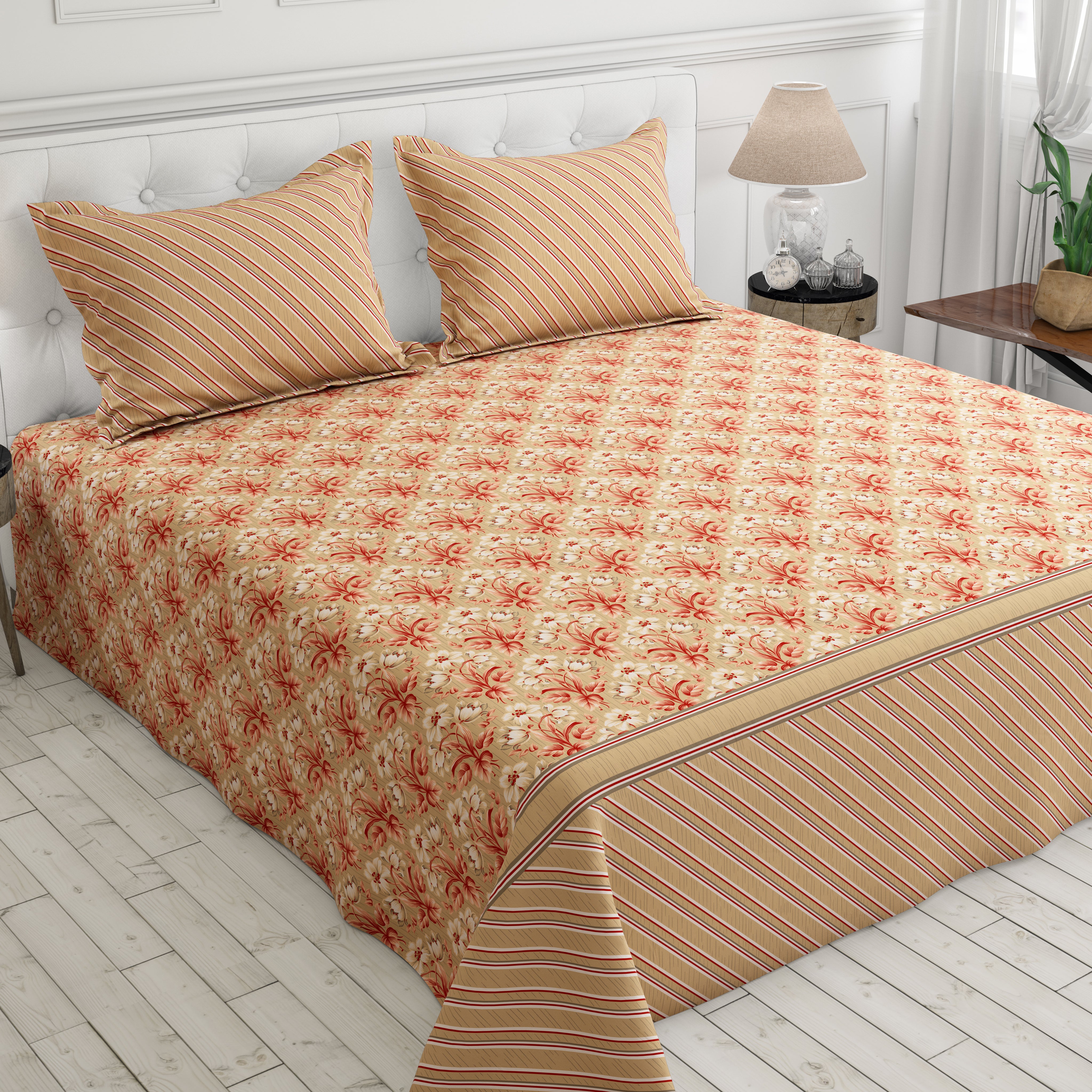 Xara Beige Cream Floral Stripes Bed Sheet Set - 8649-8650