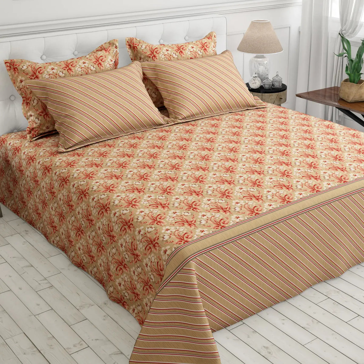 Xara Beige Cream Floral Stripes Bed Sheet Set