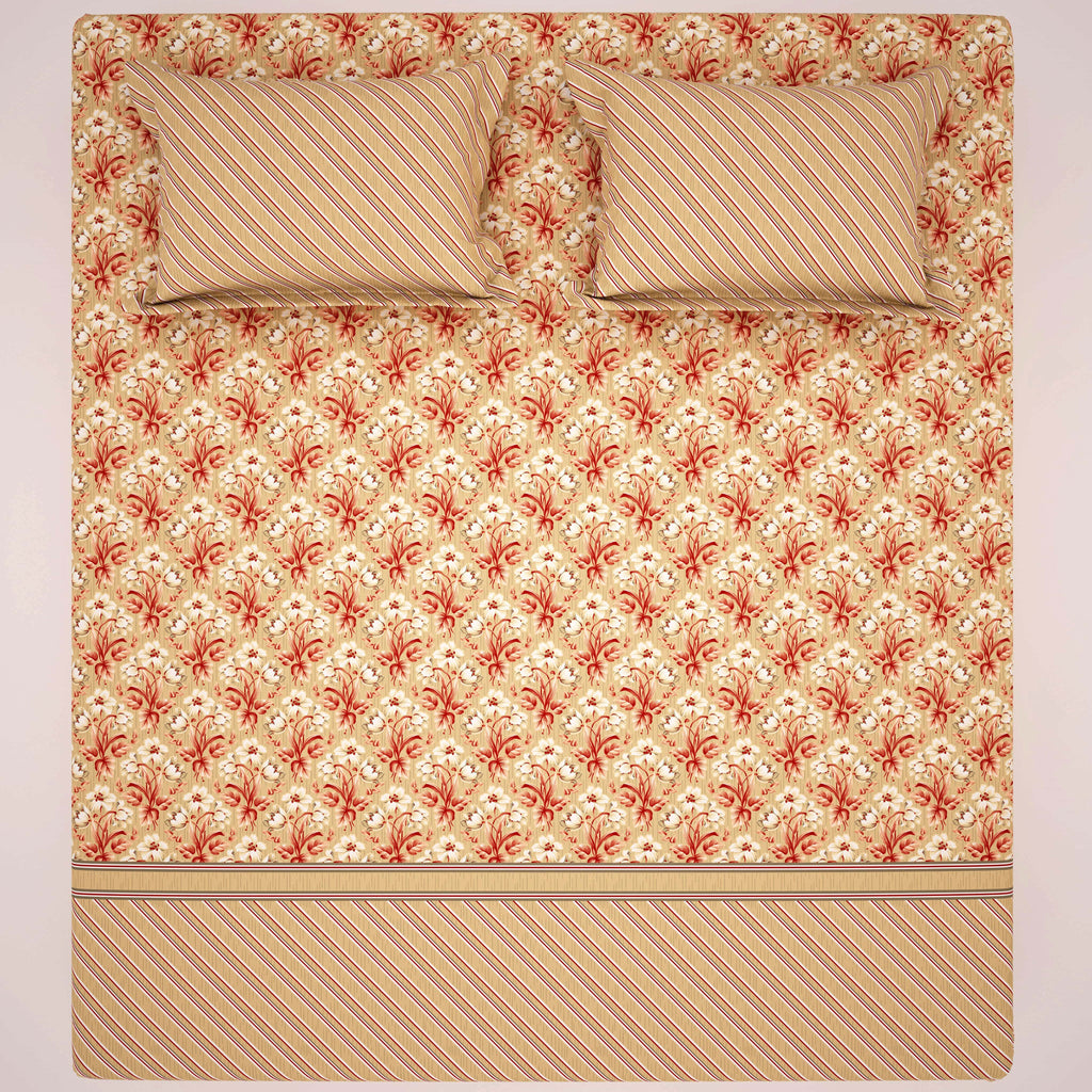 Xara Beige Cream Floral Stripes Bed Sheet Set