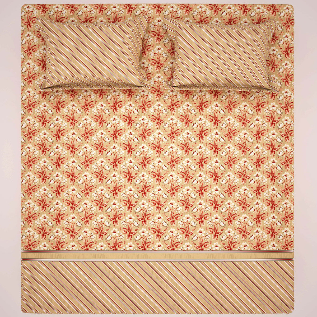 Xara Beige Cream Floral Stripes Bed Sheet Set