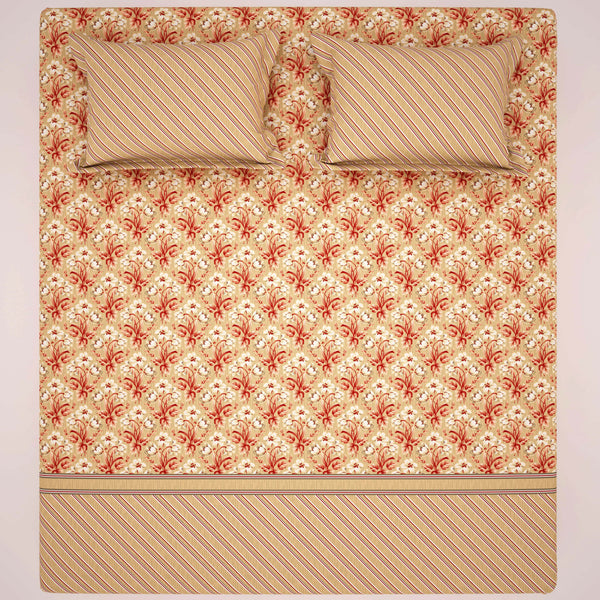 Xara Beige Cream Floral Stripes Bed Sheet Set