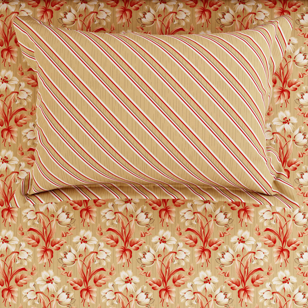 Xara Beige Cream Floral Stripes Bed Sheet Set