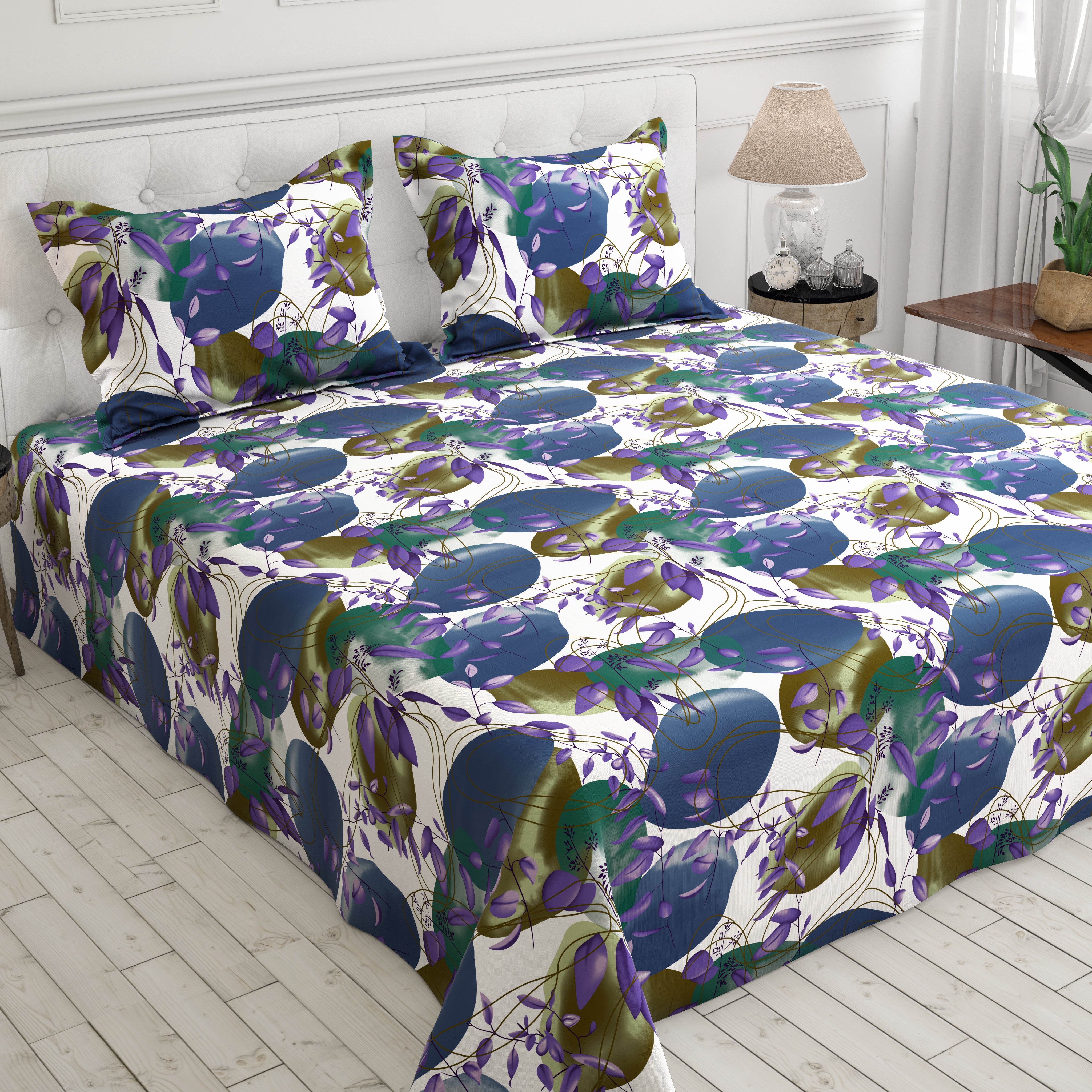 White Abstract Shapes Floral Sateen Bed Sheet Set - Sateen 8655