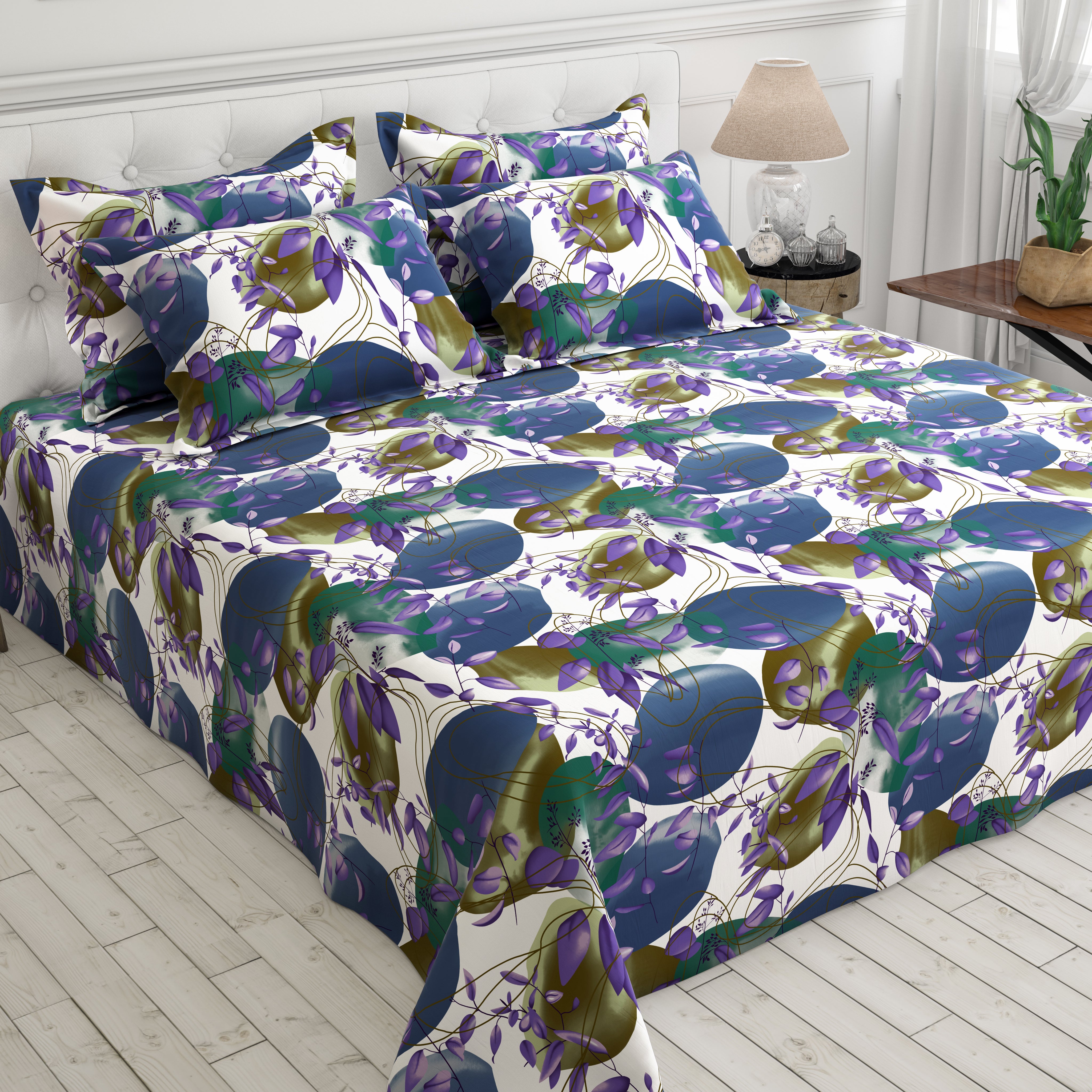 White Abstract Shapes Floral Sateen Bed Sheet Set - Sateen 8655