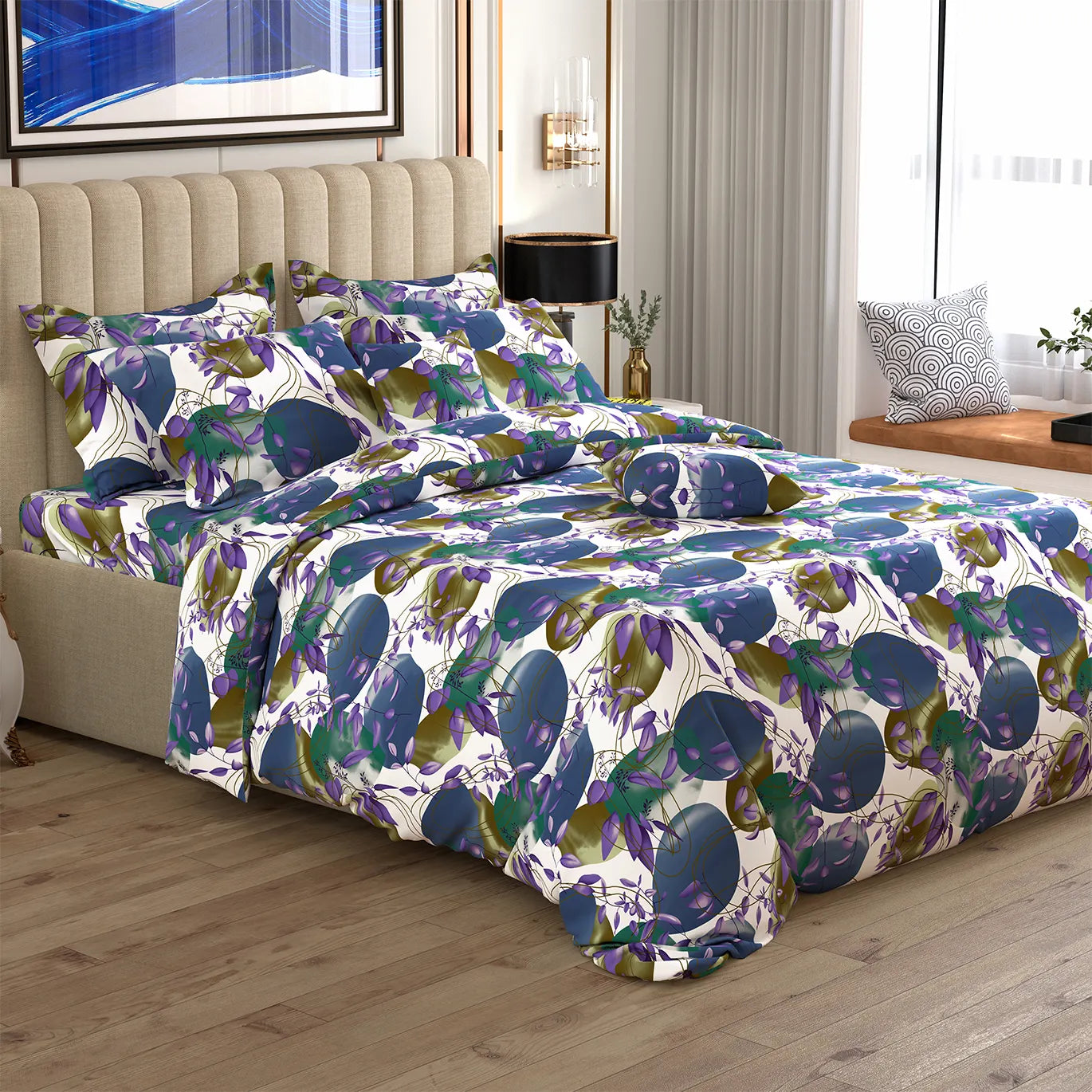 WHITE ABSTRACT Sateen 8 Pcs King Quilt Cover Bedsheet Set