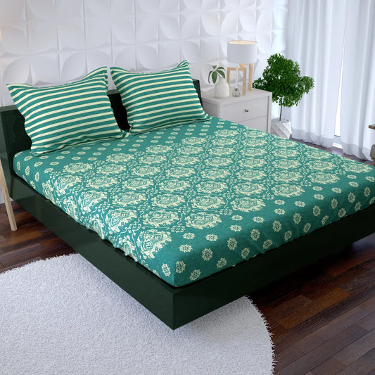 Xara Teal Turquoise Damask Dots Stripes Fitted Bed Sheet Set - 8656-8657