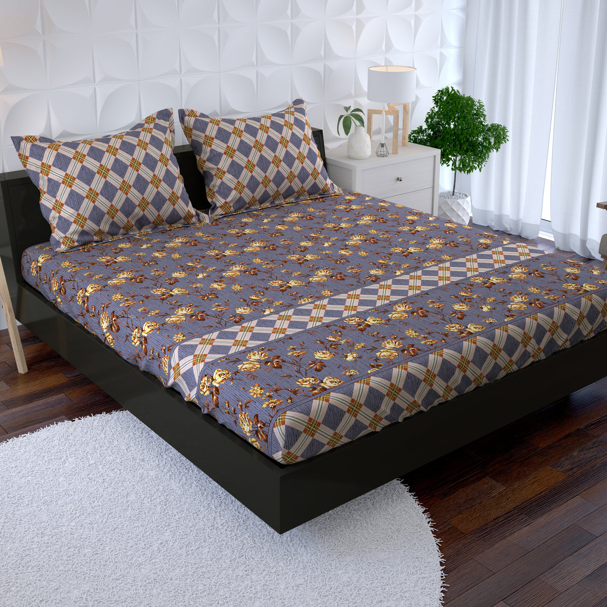 Xara Blue Floral Fitted Bed Sheet Set - 8669-8670