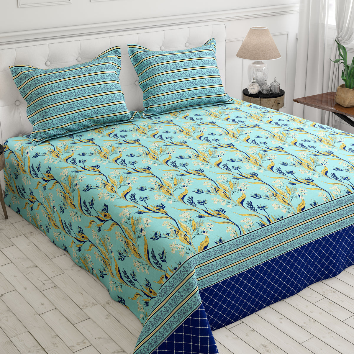 Xara Light Blue Floral Bed Sheet Set - 8671-8672