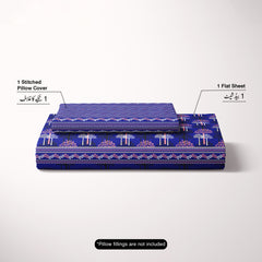 Xara Royal Blue Tree Motif/Grid Pattern Bed Sheet Set - 8679-8680