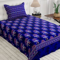 Xara Royal Blue Tree Motif/Grid Pattern Bed Sheet Set - 8679-8680