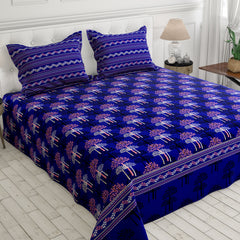 Xara Royal Blue Tree Motif/Grid Pattern Bed Sheet Set - 8679-8680