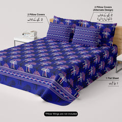 Xara Royal Blue Tree Motif/Grid Pattern Bed Sheet Set - 8679-8680