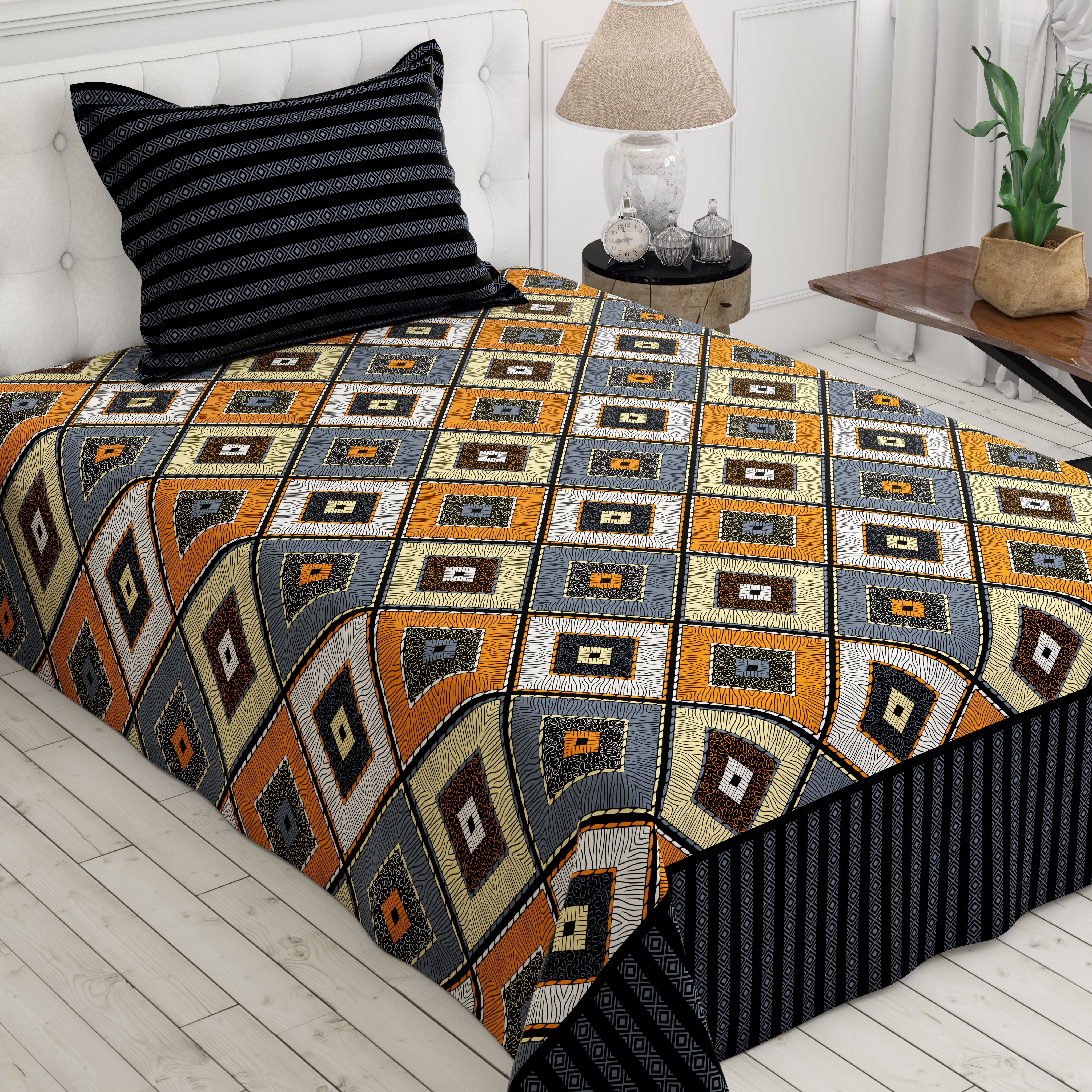 Xara Yellow Geometric Stripes Bed Sheet Set - Xara 8693-8694