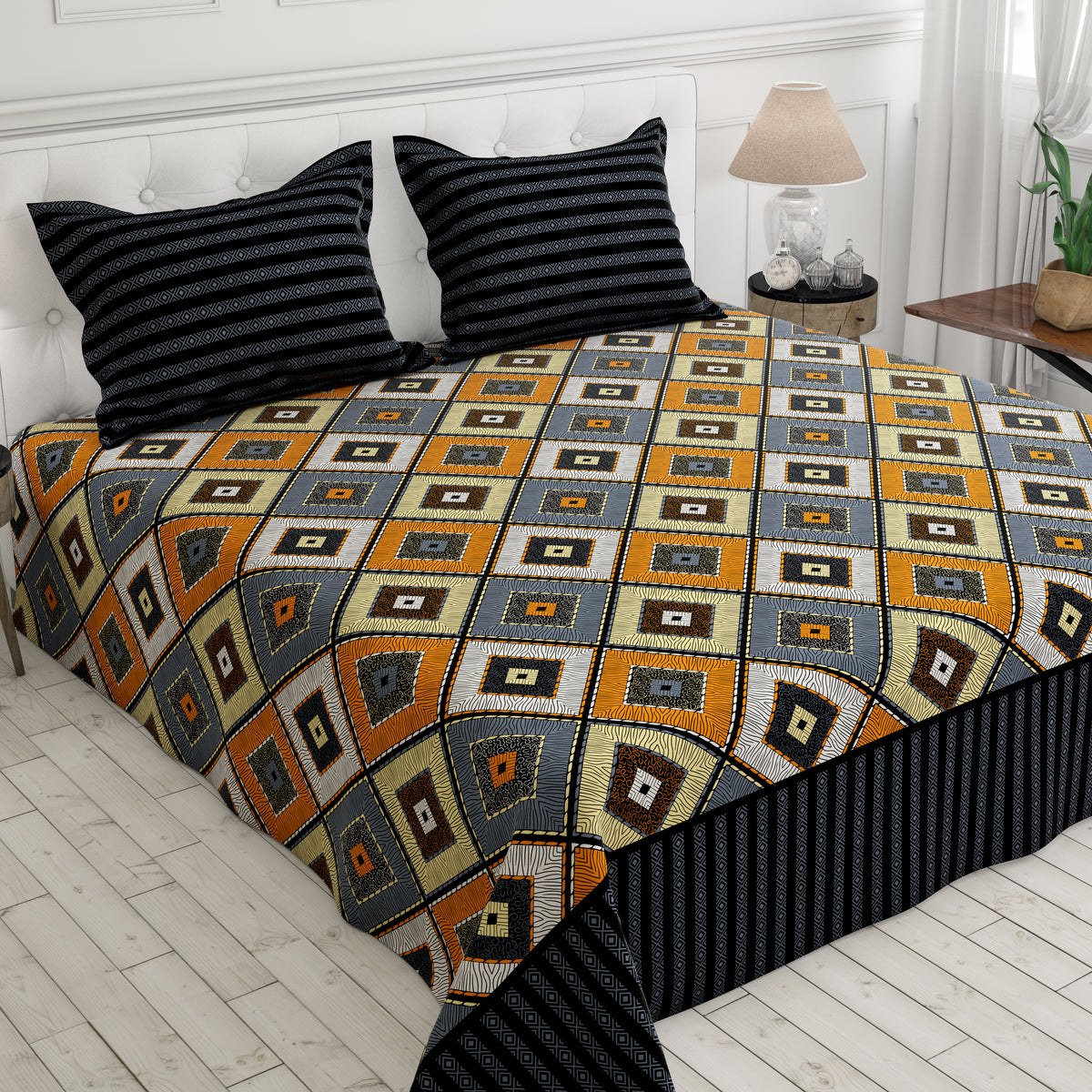 Xara Yellow Geometric Stripes Bed Sheet Set - Xara 8693-8694