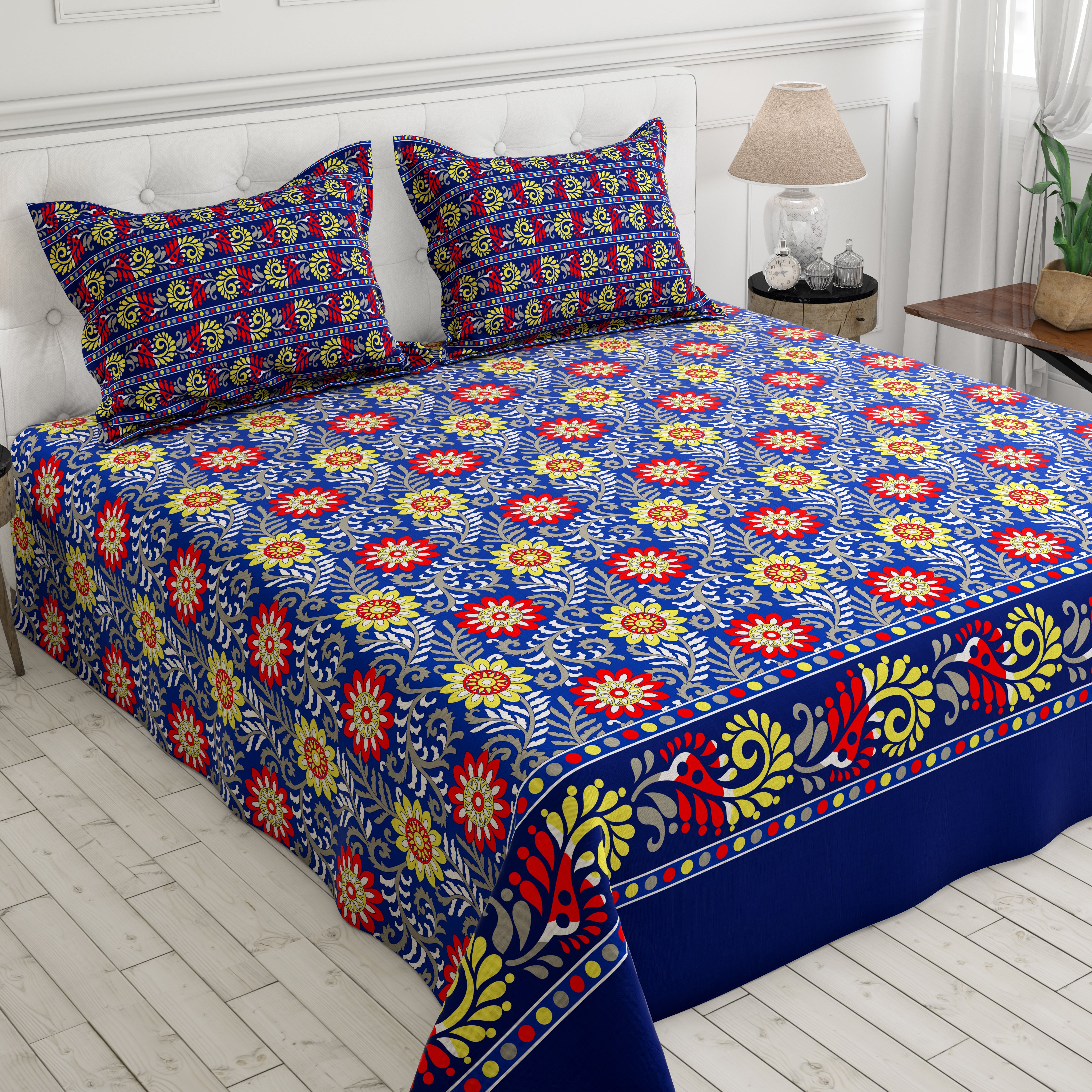 Xara Royal Blue Floral Bed Sheet Set - Xara 8699-8700