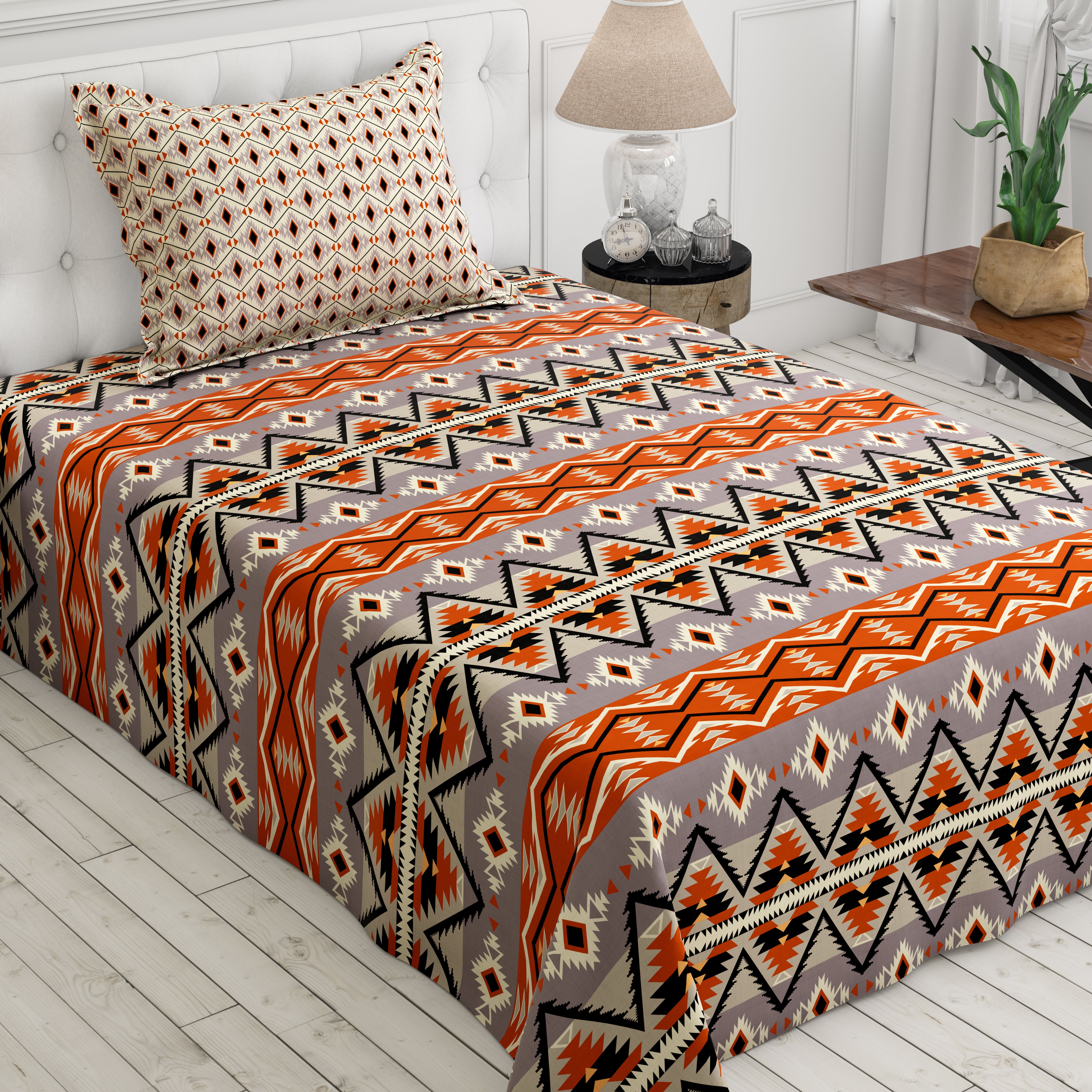 Xara Orange Geometric Bed Sheet Set - Xara 8703-8704