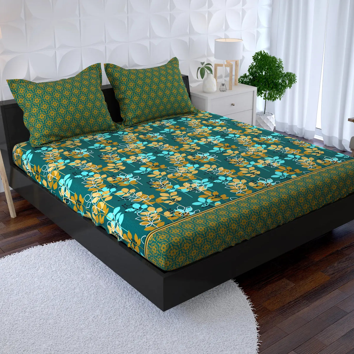 OPULENT TEAL FOLIAGE Xara Fitted Bed Sheet Set