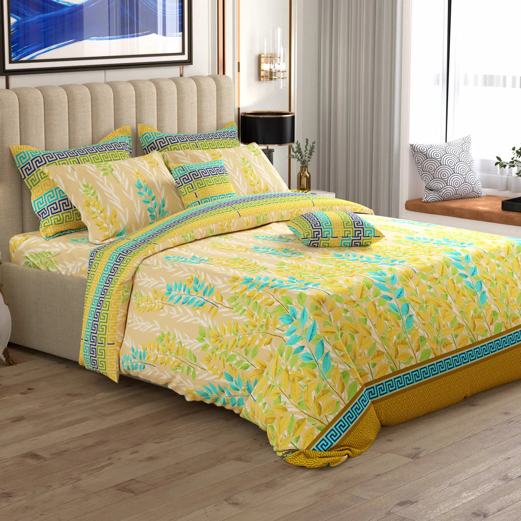 YELLOW LEAF / GEOMETRIC Xara 8 Pcs King Reversible Quilt Cover Set Bedsheet
