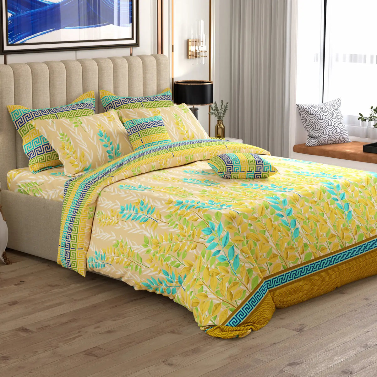 YELLOW LEAF / GEOMETRIC Xara 8 Pcs King Reversible Quilt Cover Set Bedsheet