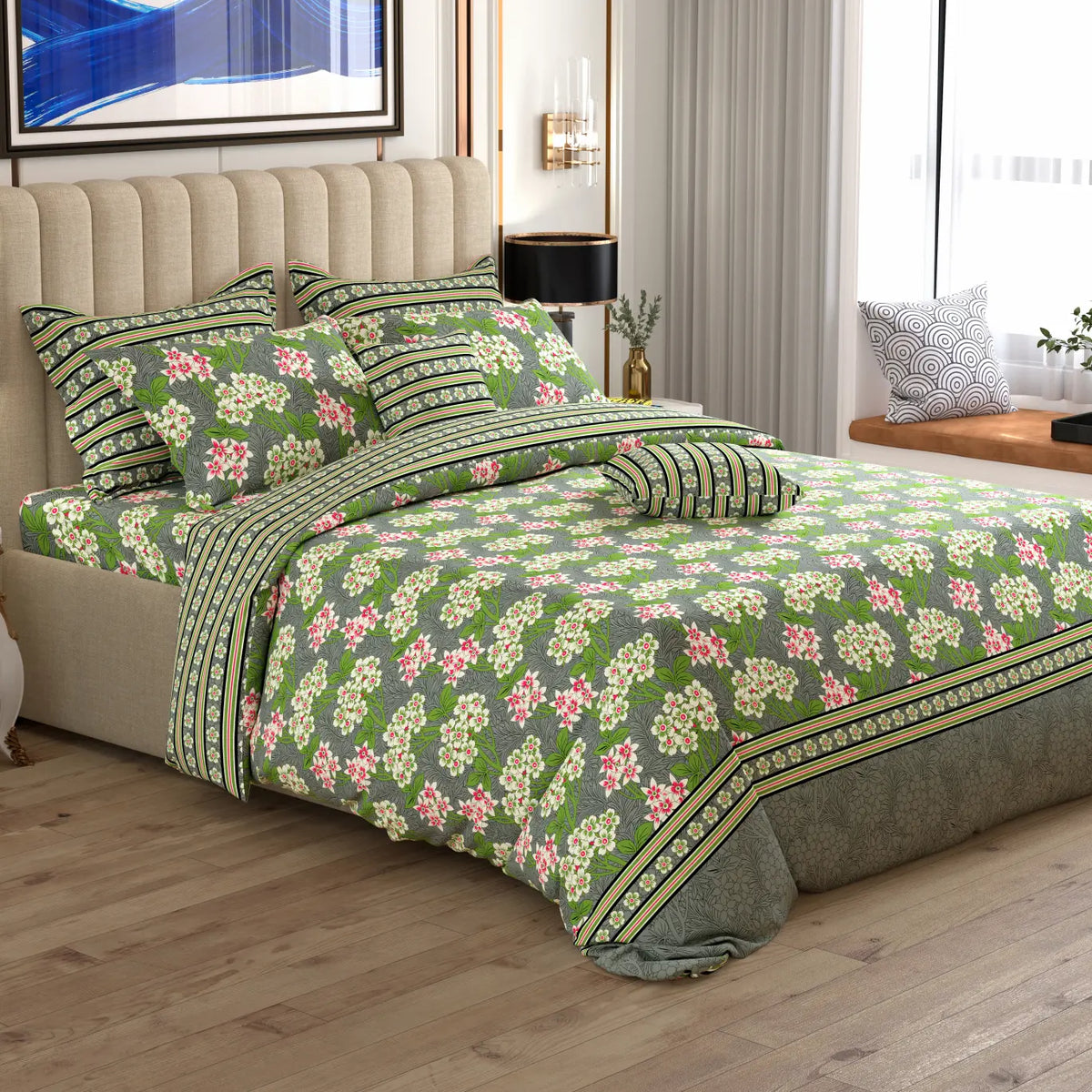 MOSS FLORAL Xara 8 Pcs King Reversible Quilt Cover Set Bedsheet