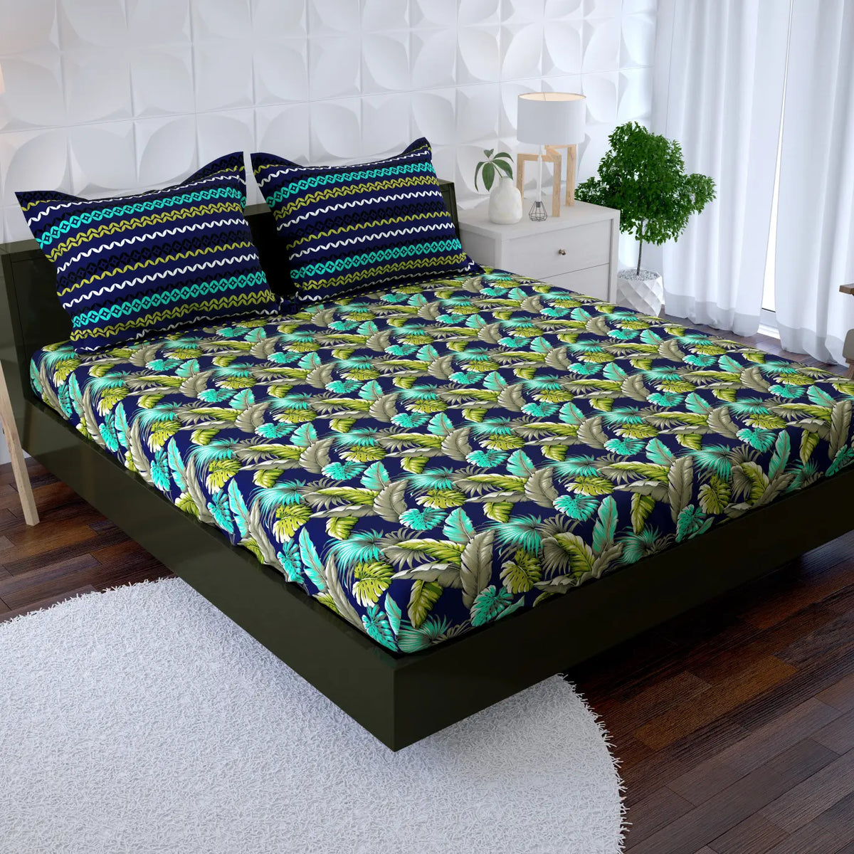 AQUA AND LIME FERN PRINT Xara Fitted Bed Sheet Set