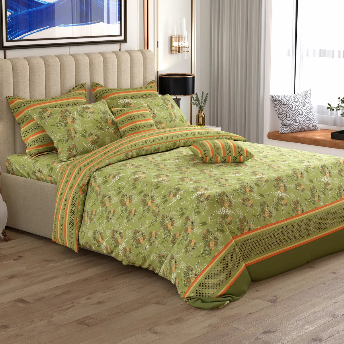 GREEN OVERLAY Xara 8 Pcs King Reversible Quilt Cover Set Bedsheet