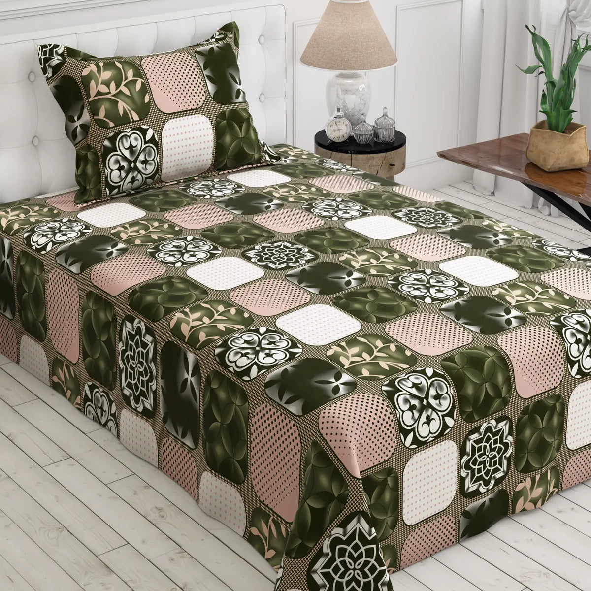 PATCHWORK GREEN SATEEN BED SHEET SET