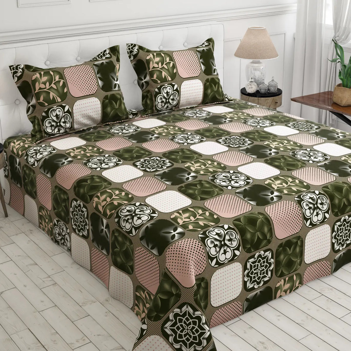 PATCHWORK GREEN SATEEN BED SHEET SET
