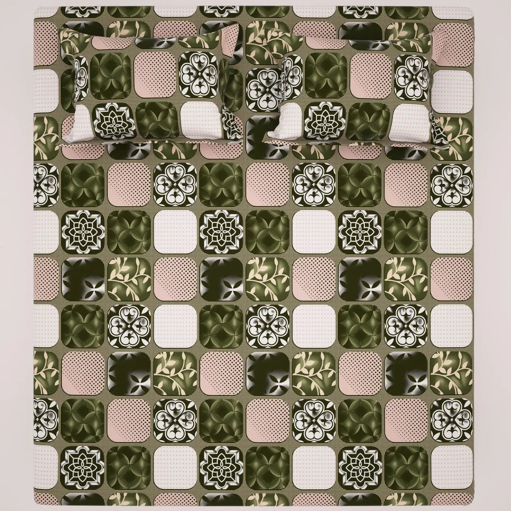 PATCHWORK GREEN SATEEN BED SHEET SET